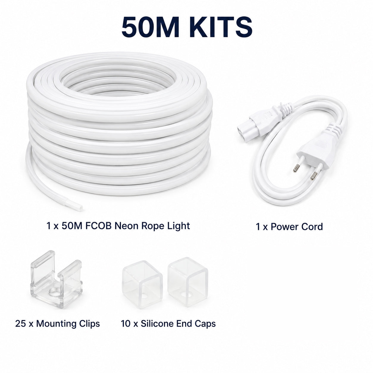 50M FCOB Neon Rope Light Kit, 10W/M, 800Lm/M, 6500K with 1 power cord, 25 Holders and 10 end caps