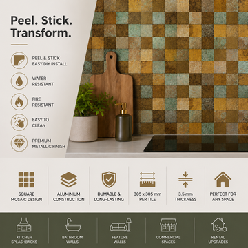 Pack of 4 Square Multi-Shade Bronze Peel & Stick Aluminum Mosaic Tile Size: 305 × 305 × 3.5 mm