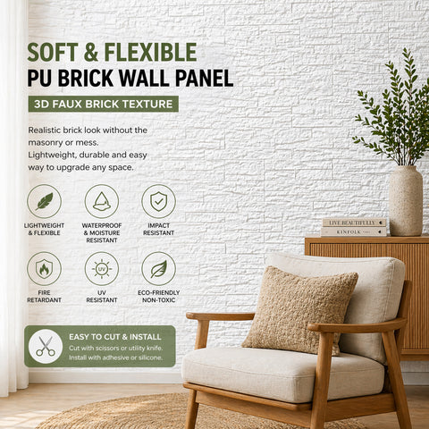 Pack of 2, BRITWALL Soft & Flexible White PU Brick Wall Panel | 3D Faux Brick Texture | 1200 x 600 mm | Lightweight, Waterproof, Easy Adhesive Installation | Modern Interior Décor