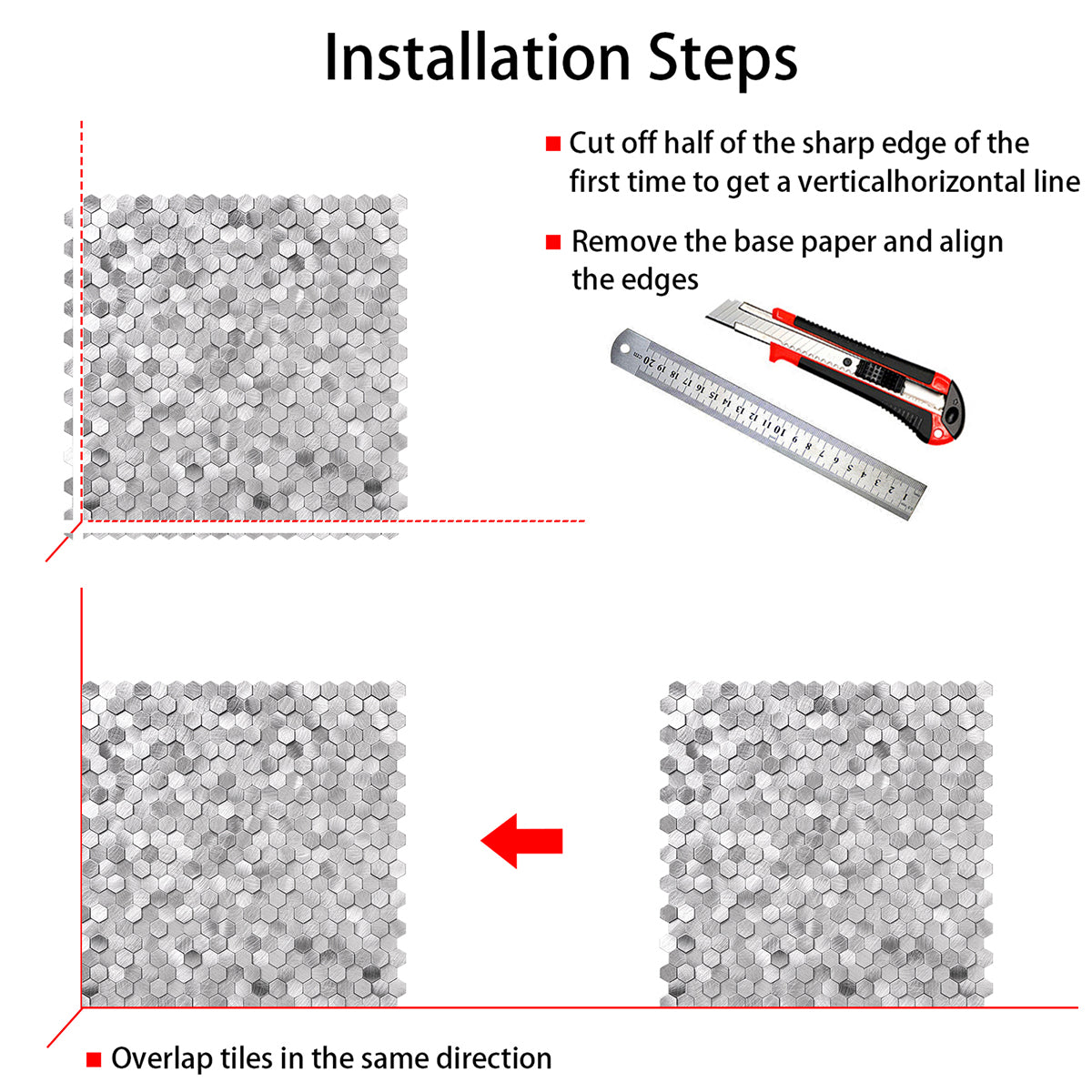Pack of 4, HexaGloss Aluminum Peel & Stick Tile Size:305.9 x 306.8 x 4 mm