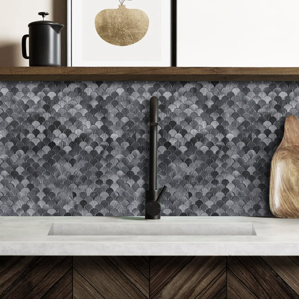 Pack of 4, Reflective Scallop-Pattern Peel & Stick Aluminum Tile Size:295 x 300 x 4 mm