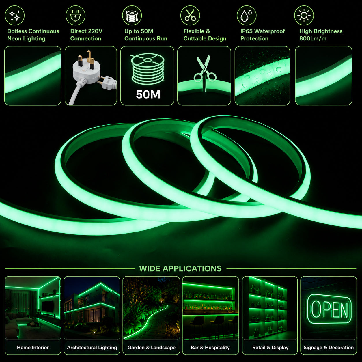 50M FCOB Neon Rope Light Kit, 10W/M, 800Lm/M, Green with 1 power cord, 25 Holders and 10 end caps