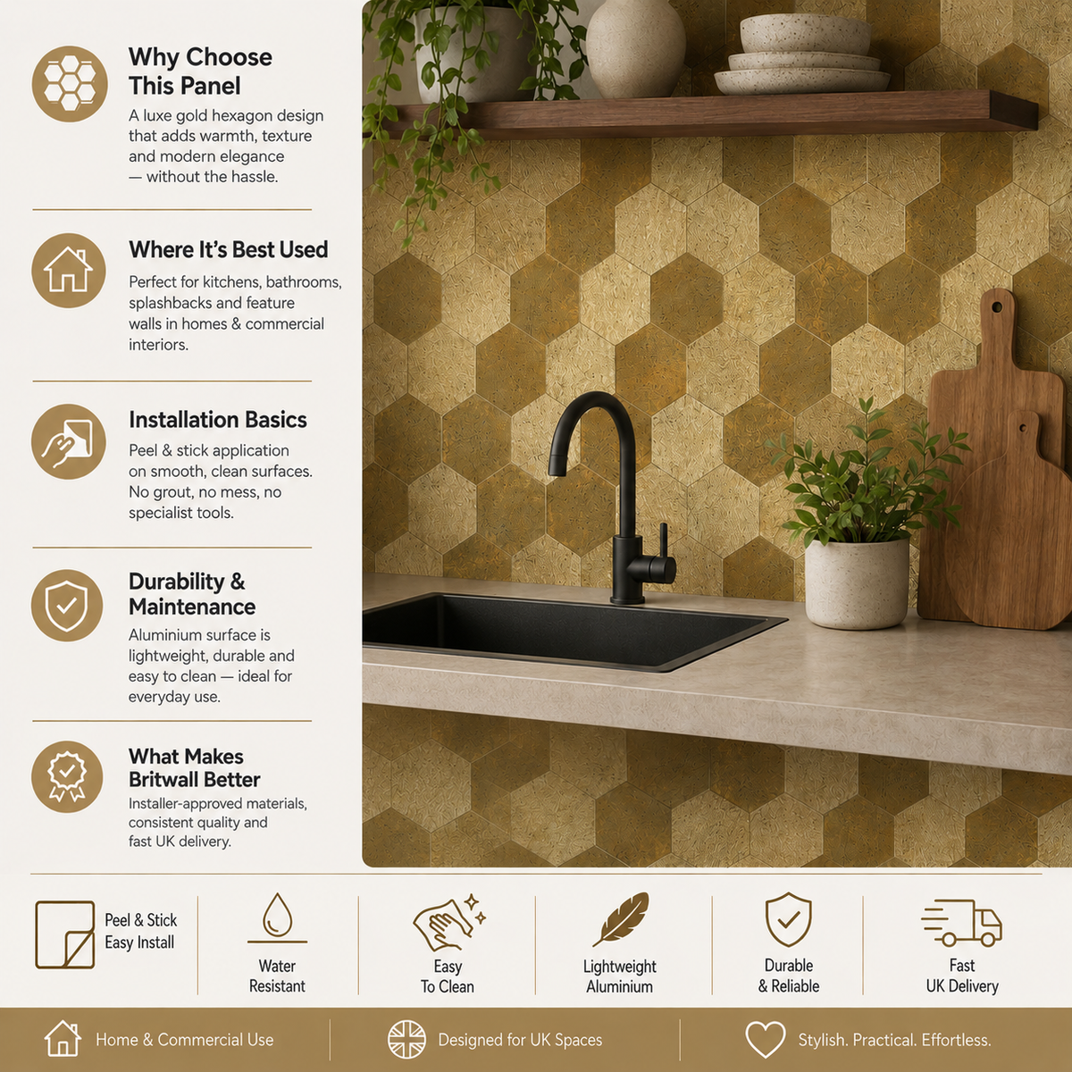 Pack of 4, Large Luxe Gold HexaStyle Aluminum Peel & Stick Tile Size: 290 x 288 x 4 mm