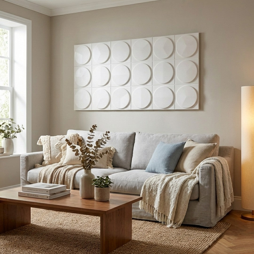 Hard PU Wall Panel – 3D Circular Geometry – Jade White Size: 1200 x 600 x 25 mm Pack of 2