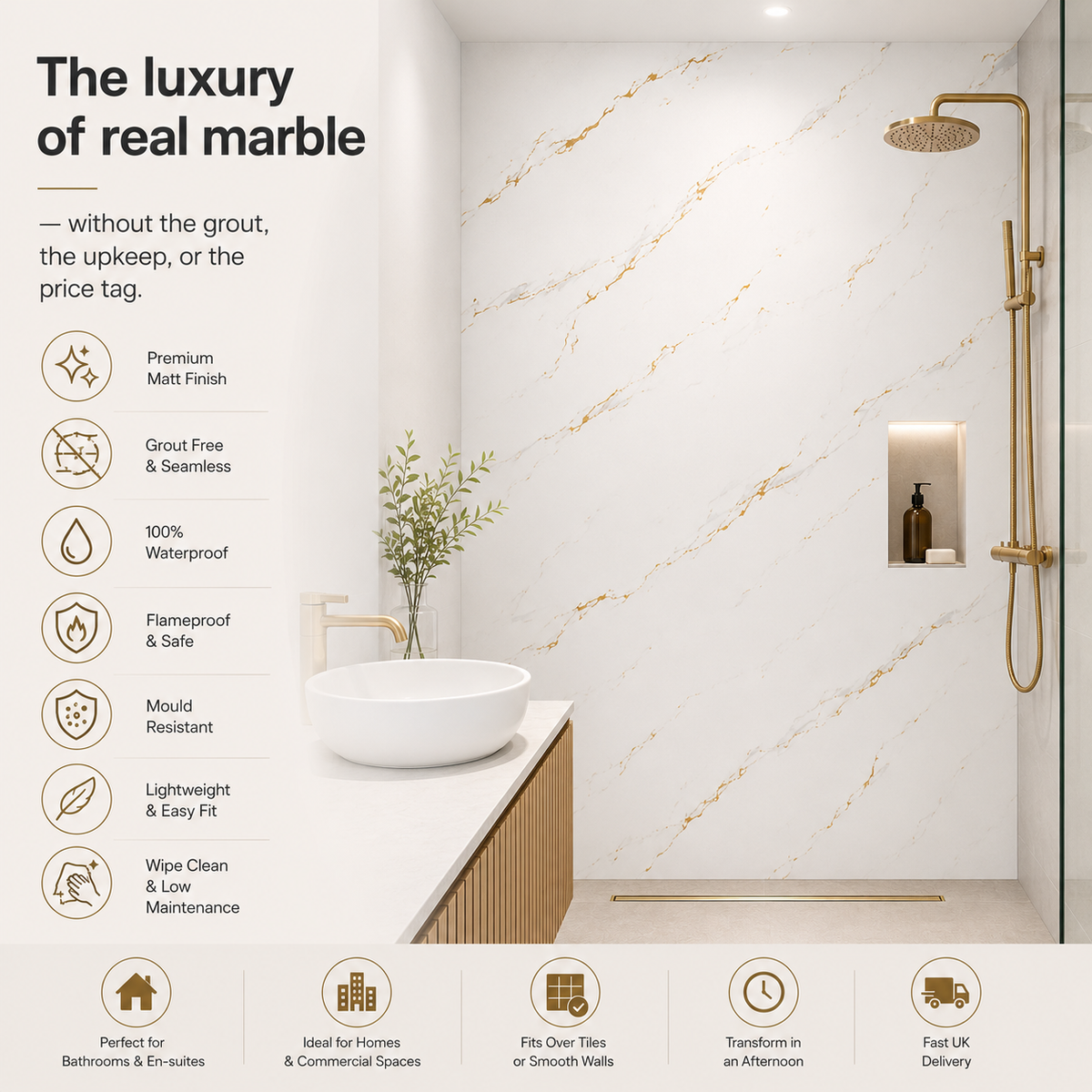 BRITWALL PVC Shower Panels Pack of 3 Carrara Marble Gold Vein Waterproof Bathroom Wall Cladding 2400x1000mm Matt Finish