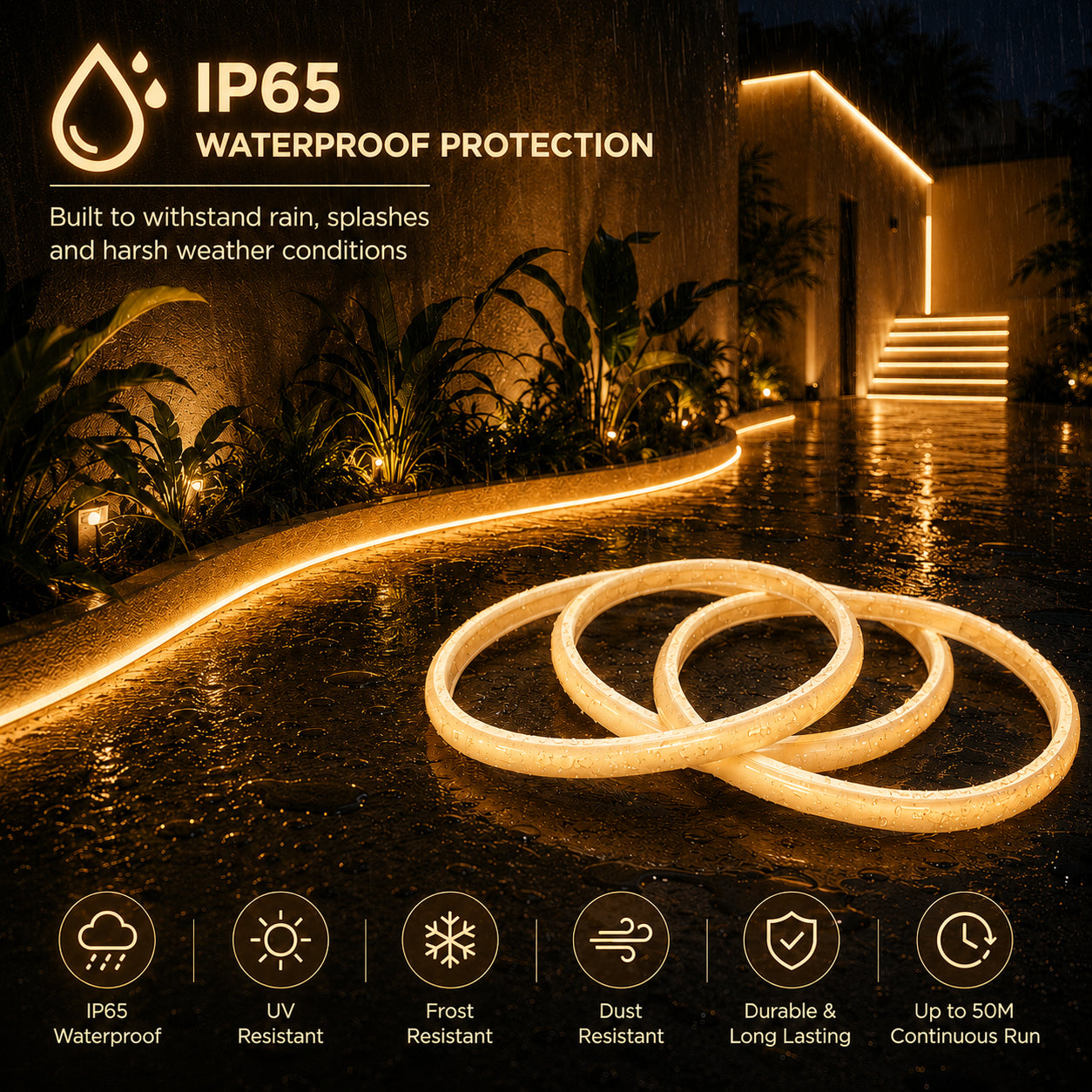 50M FCOB Neon Rope Light Kit, 10W/M, 800Lm/M, 3000K with 1 power cord, 25 Holders and 10 end caps