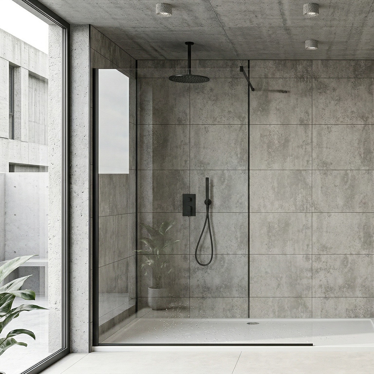 Modern bathroom with concrete tile design pvc wall and a shower area.