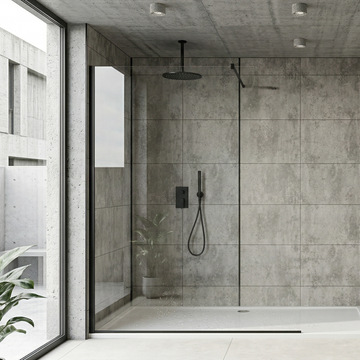 Modern bathroom with concrete tile design pvc wall and a shower area.