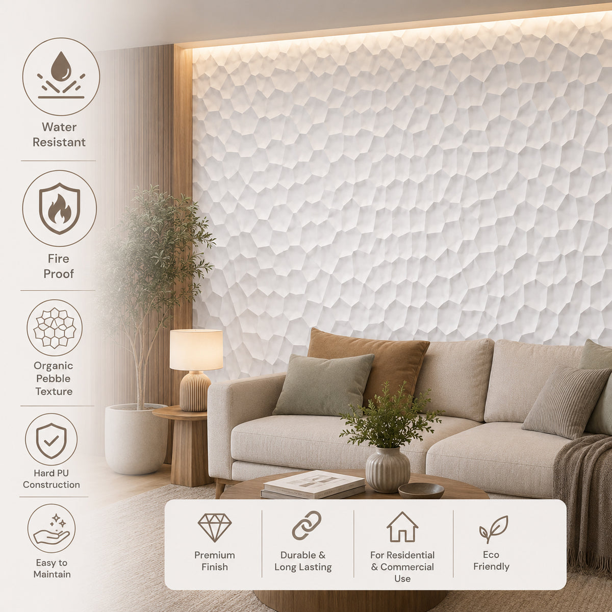 Hard PU Wall Panel –Organic Pebble Texture – Jade White Size: 1200 x 600 x 25 mm Pack of 2