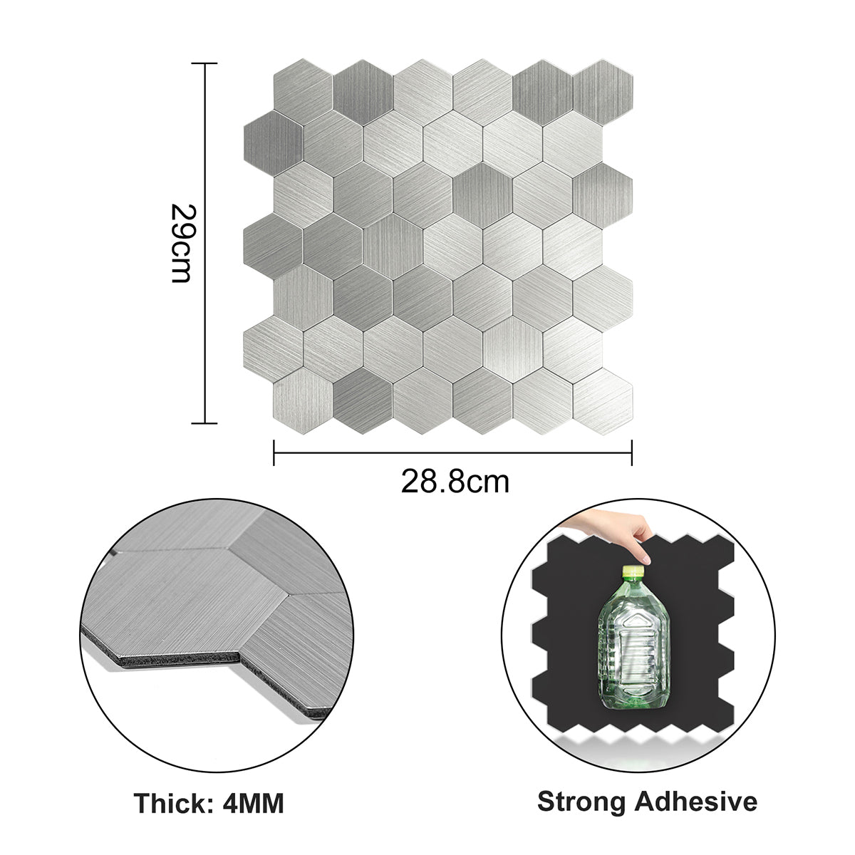 Pack of 4, Large HexaStyle Aluminum Peel & Stick Tile Size:290 x 288 x 4 mm