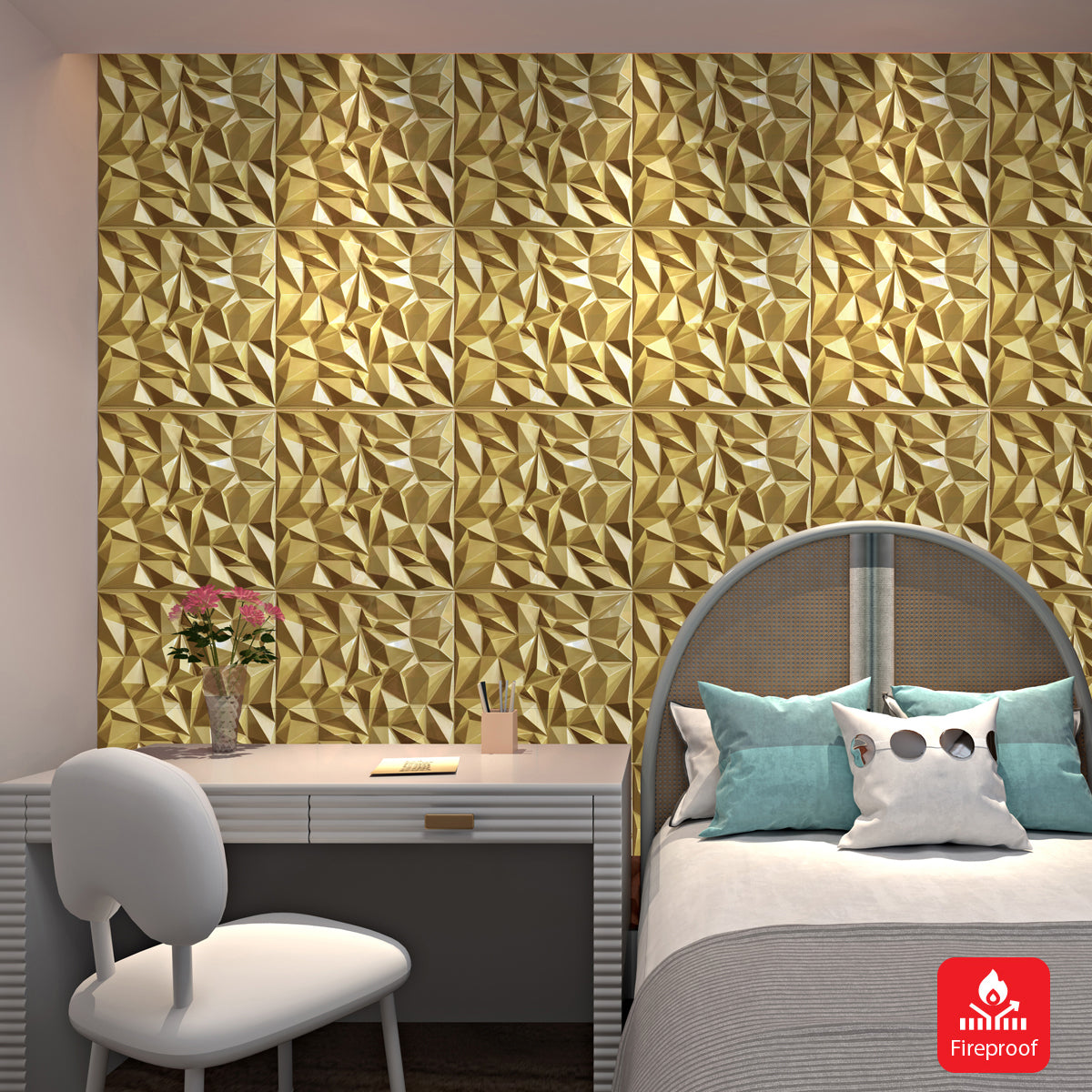 Pack of 4, 3D PVC Wall Panel – Faceted Diamond Design | Gold | 500 x 500 mm | Waterproof & Lightweight
