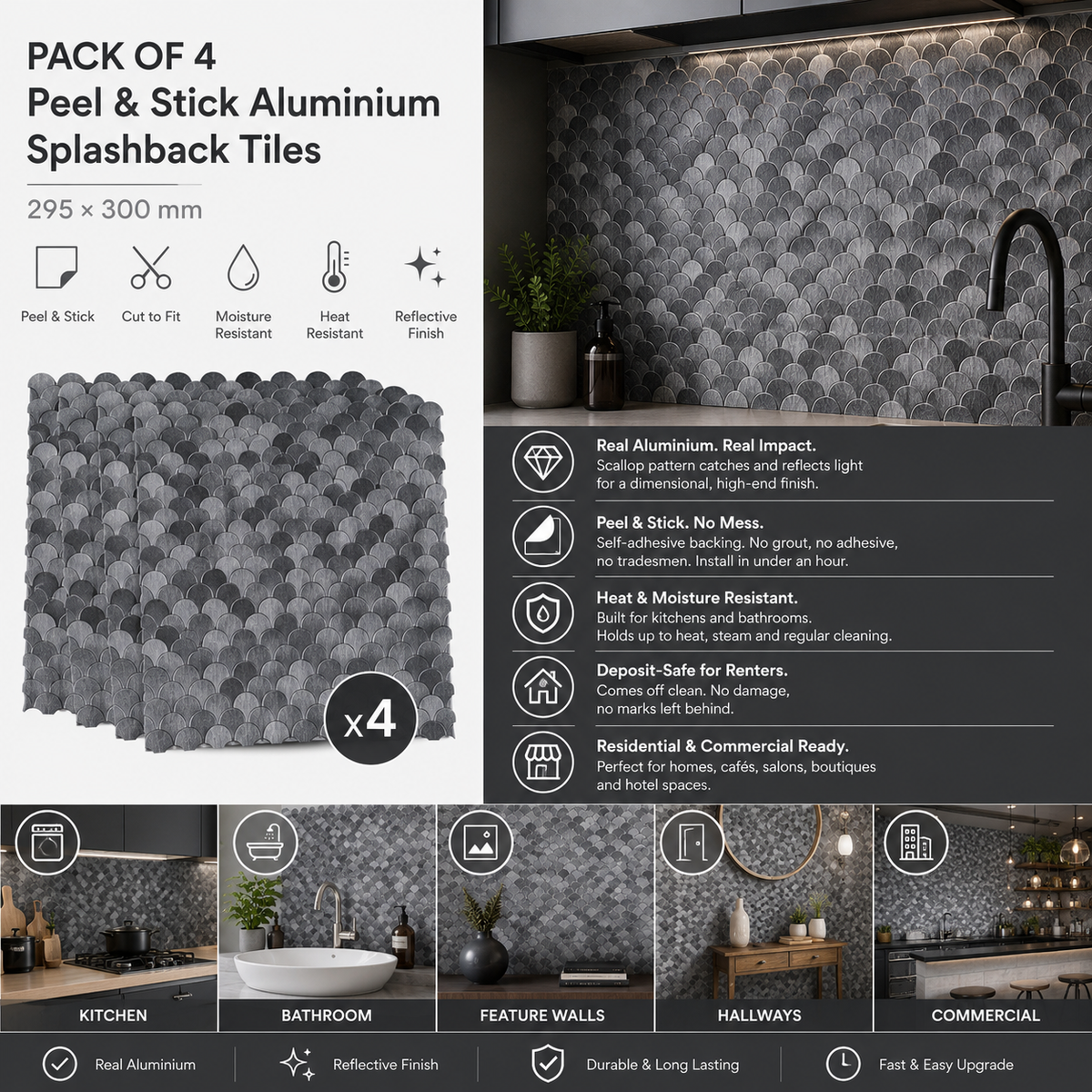 Pack of 4, Reflective Scallop-Pattern Peel & Stick Aluminum Tile Size:295 x 300 x 4 mm