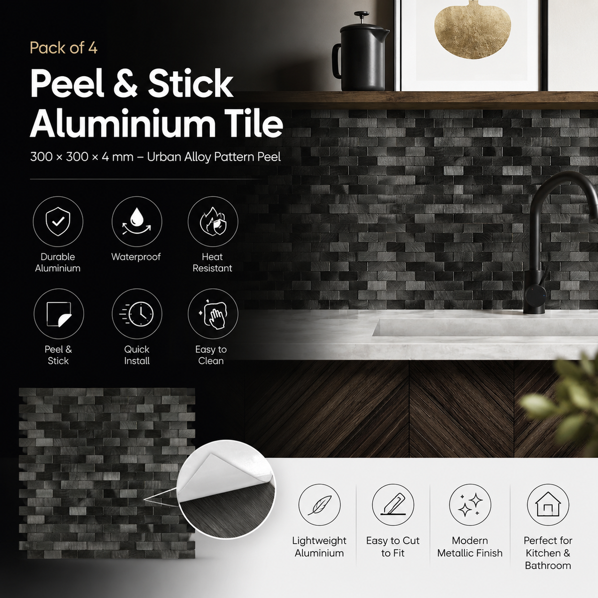 Pack of 4 Urban Alloy Pattern Peel & Stick Aluminum Tile Size:300 x 300 x 4 mm
