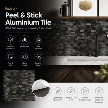 Pack of 4 Urban Alloy Pattern Peel & Stick Aluminum Tile Size:300 x 300 x 4 mm