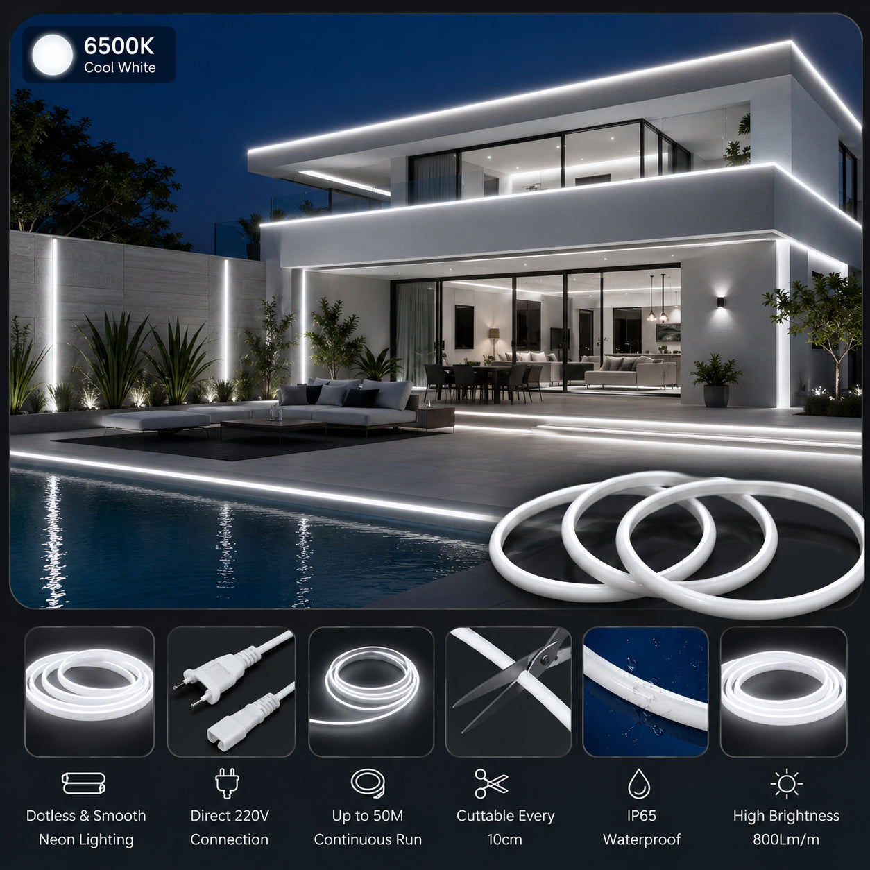 50M FCOB Neon Rope Light Kit, 10W/M, 800Lm/M, 6500K with 1 power cord, 25 Holders and 10 end caps