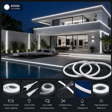 50M FCOB Neon Rope Light Kit, 10W/M, 800Lm/M, 6500K with 1 power cord, 25 Holders and 10 end caps