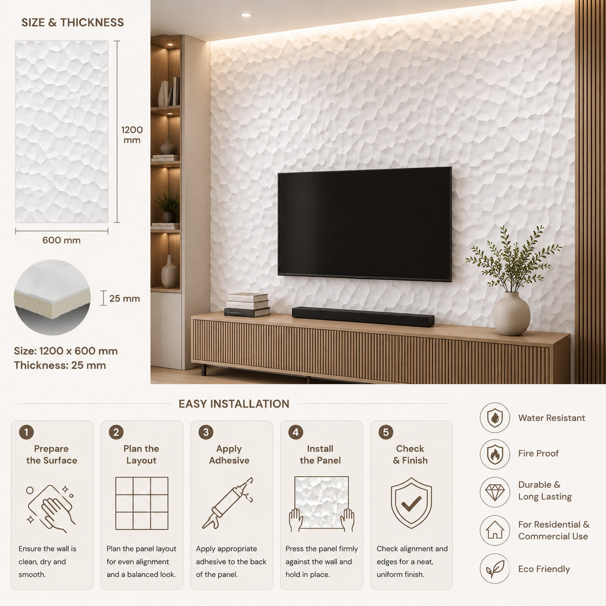 Hard PU Wall Panel –Organic Pebble Texture – Jade White Size: 1200 x 600 x 25 mm Pack of 2