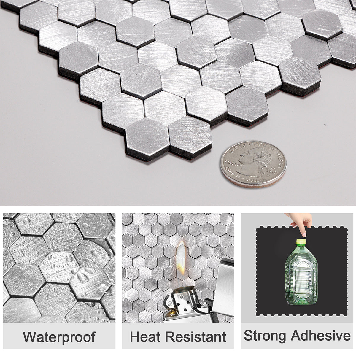 Pack of 4, HexaGloss Aluminum Peel & Stick Tile Size:305.9 x 306.8 x 4 mm