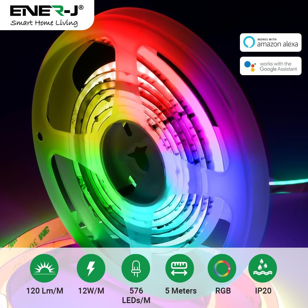 Ener-J Smart RGB COB LED Strip Light Kit 5m 24V 576 LEDs WiFi Dimmable UK Plug