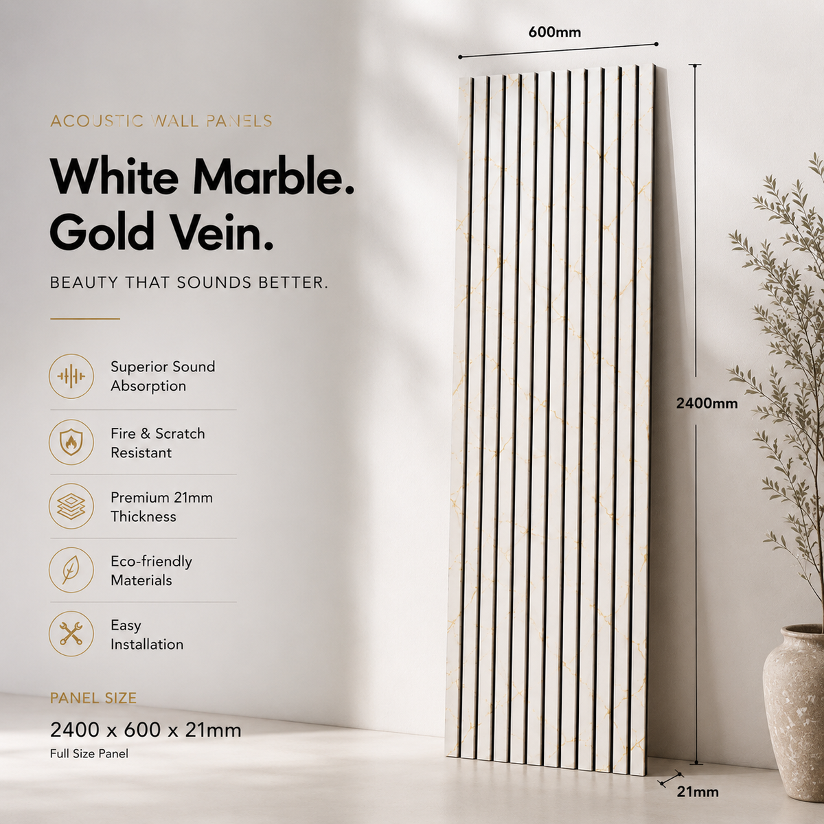 BRITWALL Linear Acoustic Wall Panel – White Gold Marble Design – 2400 × 600 × 21mm Pack of 2