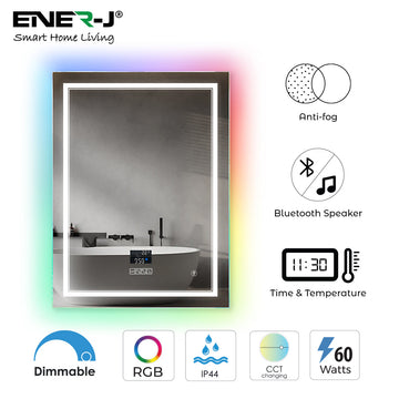 LED Bathroom Mirror with Bluetooth Speaker & RGB Border, CCT & Dimmable Lighting, Anti-Fog, Touch Control, IP44 Waterproof, Concealed Heated Demister Smart Rectangular Shape Vanity Mirror for Makeup