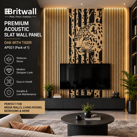 Britwall Acoustic Media Wall Panel Set Tiger + Natural Oak Linear Slat Panels 2400x1800mm 21mm