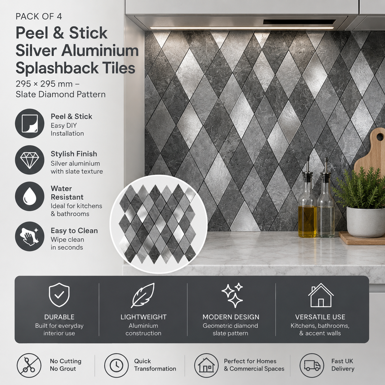 Pack of 4 peel & stick silver aluminium splashback tiles with diamond pattern on a kitchen wall.