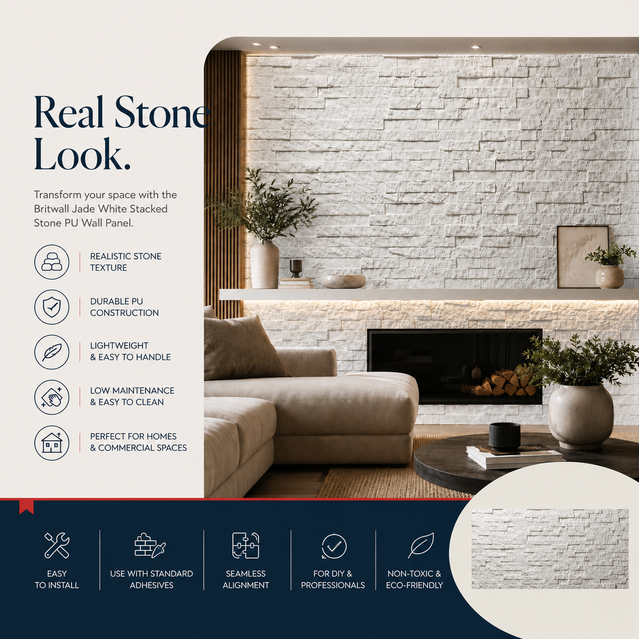 Living room with stacked stone wall panel and text about product features.
