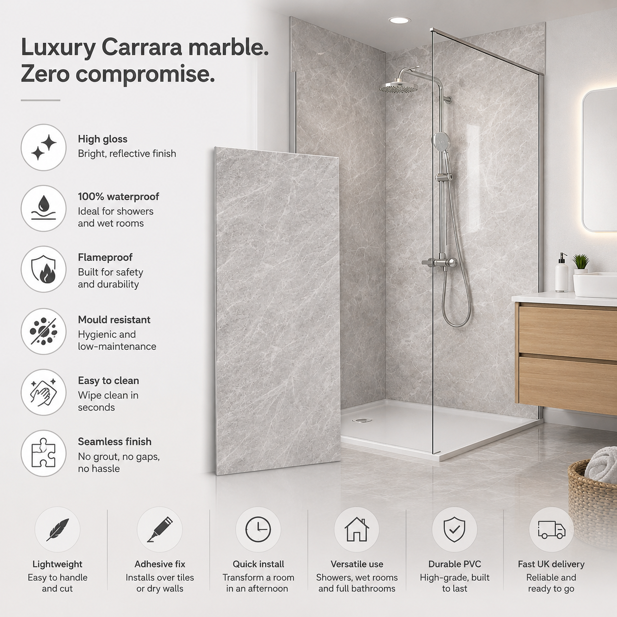 Shower enclosure with Carrara marble finish and product features listed on the left.