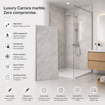 Shower enclosure with Carrara marble finish and product features listed on the left.