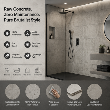 PVC Shower Panel – Matt Industrial Concrete Effect Wall Panel 2400 x 1000 x 10mm – Grey Concrete Brick