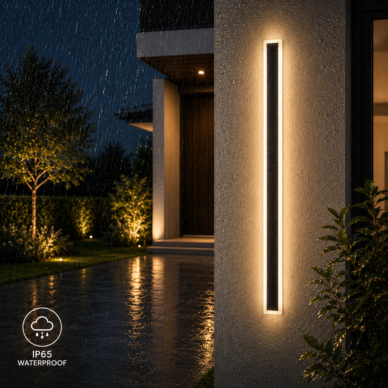 Modern outdoor wall light fixture on a building exterior with rainproof rating indicator.